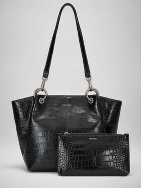 NINE WEST Faux Crocodile Patent Leather Shoulder Bag w/Matching Wristlet, Black